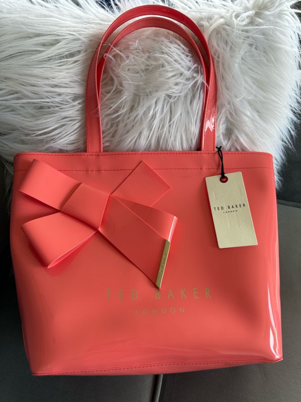 Ted Baker Coral Pink Patent Tote with Signature Bow